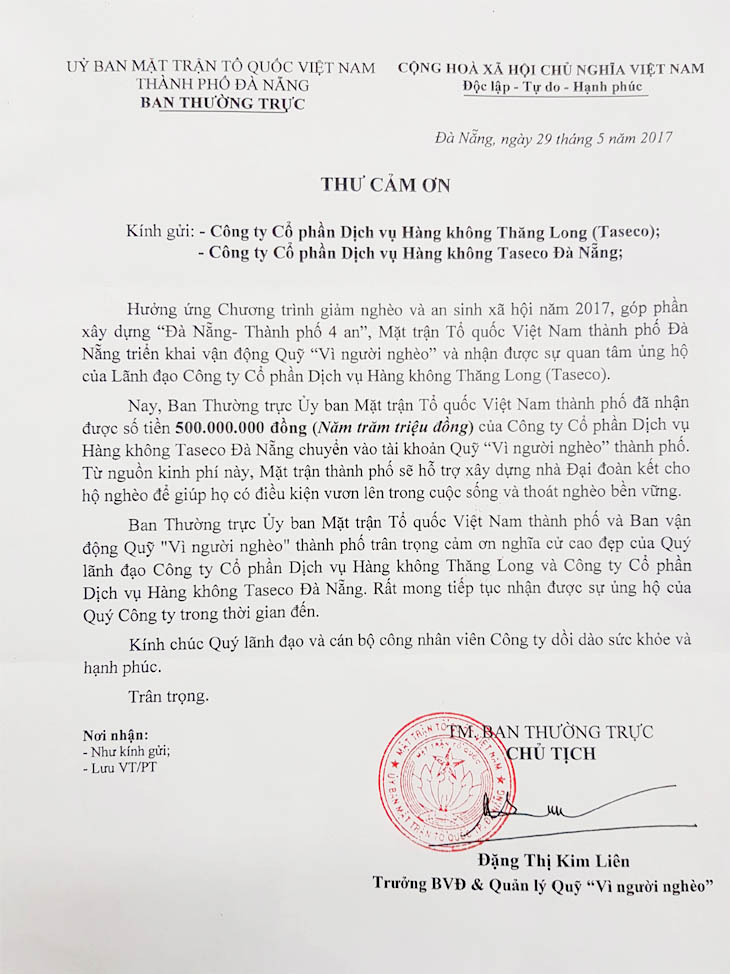 Thư cảm ơn của UBMTTQ VN Thành phố Đà Nẵng