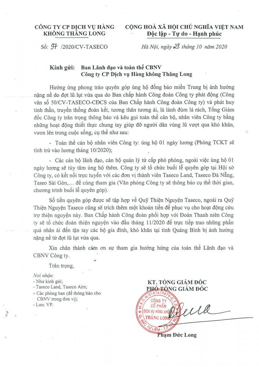Nội dung Công văn kêu gọi ủng hộ đồng bào lũ lụt miền Trung của Công ty Taseco