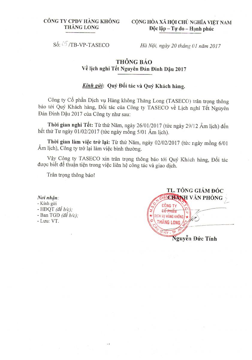 Thông báo lịch nghỉ Tết Nguyên Đán 2017